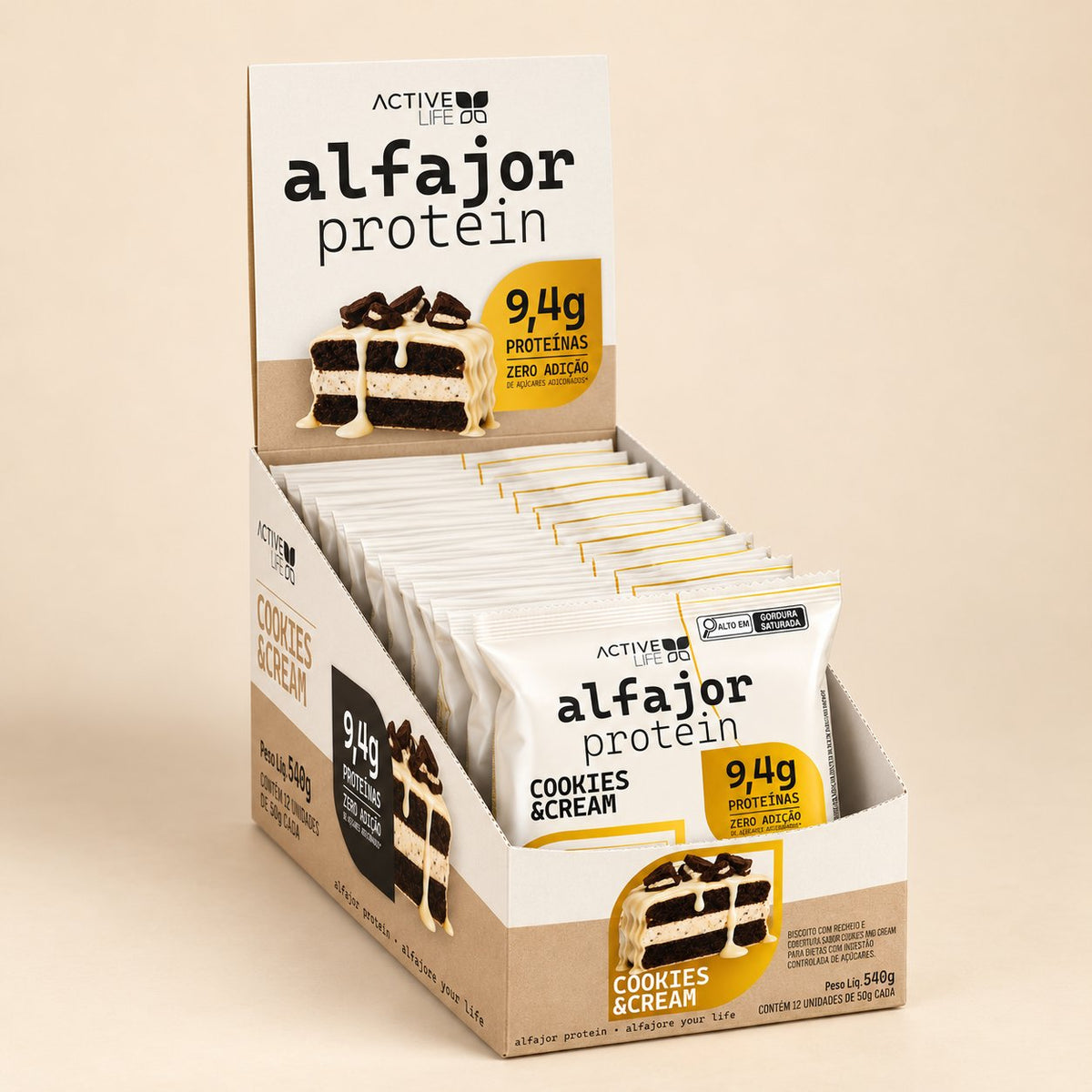 CAIXA 12 UNIDADES ALFAJOR PROTEICO COOKIES & CREAM - ACTIVE LIFE