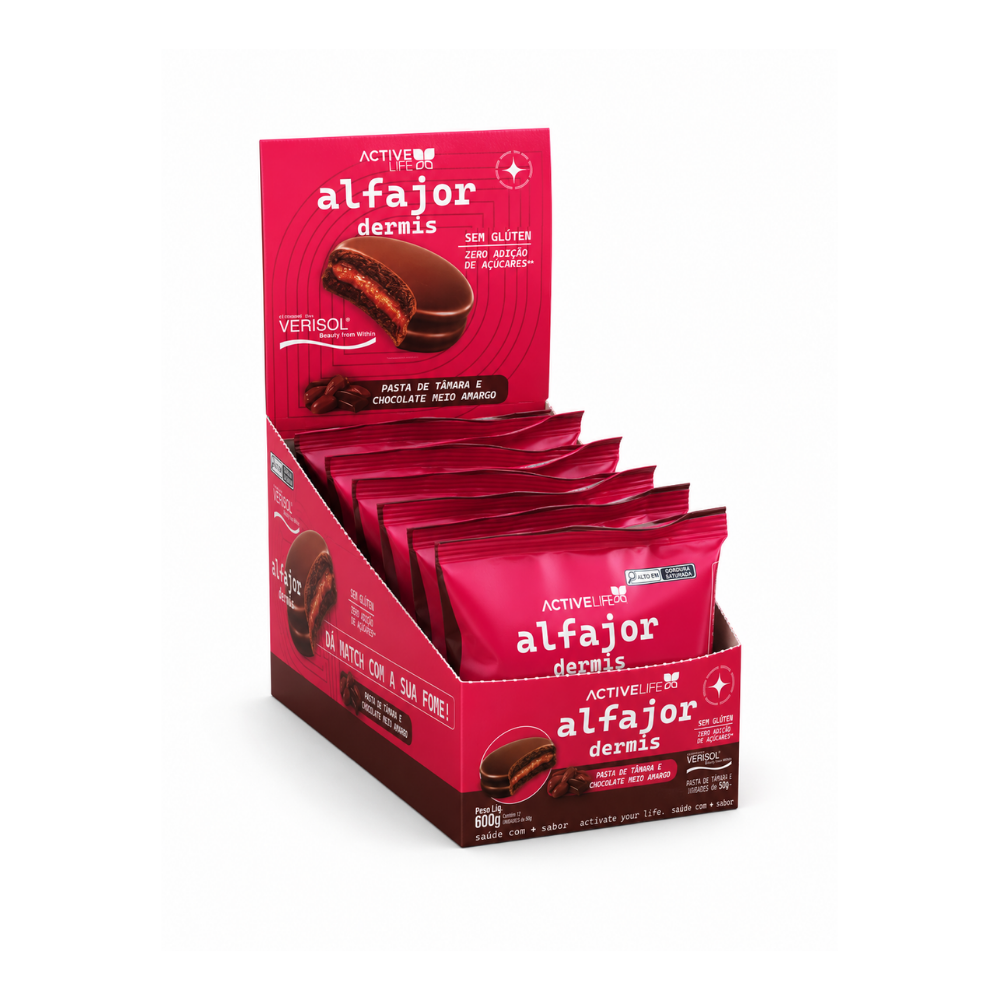 CAIXA 12 UNIDADES ALFAJOR DERMIS TÂMARA E CHOCOLATE - ACTIVE LIFE