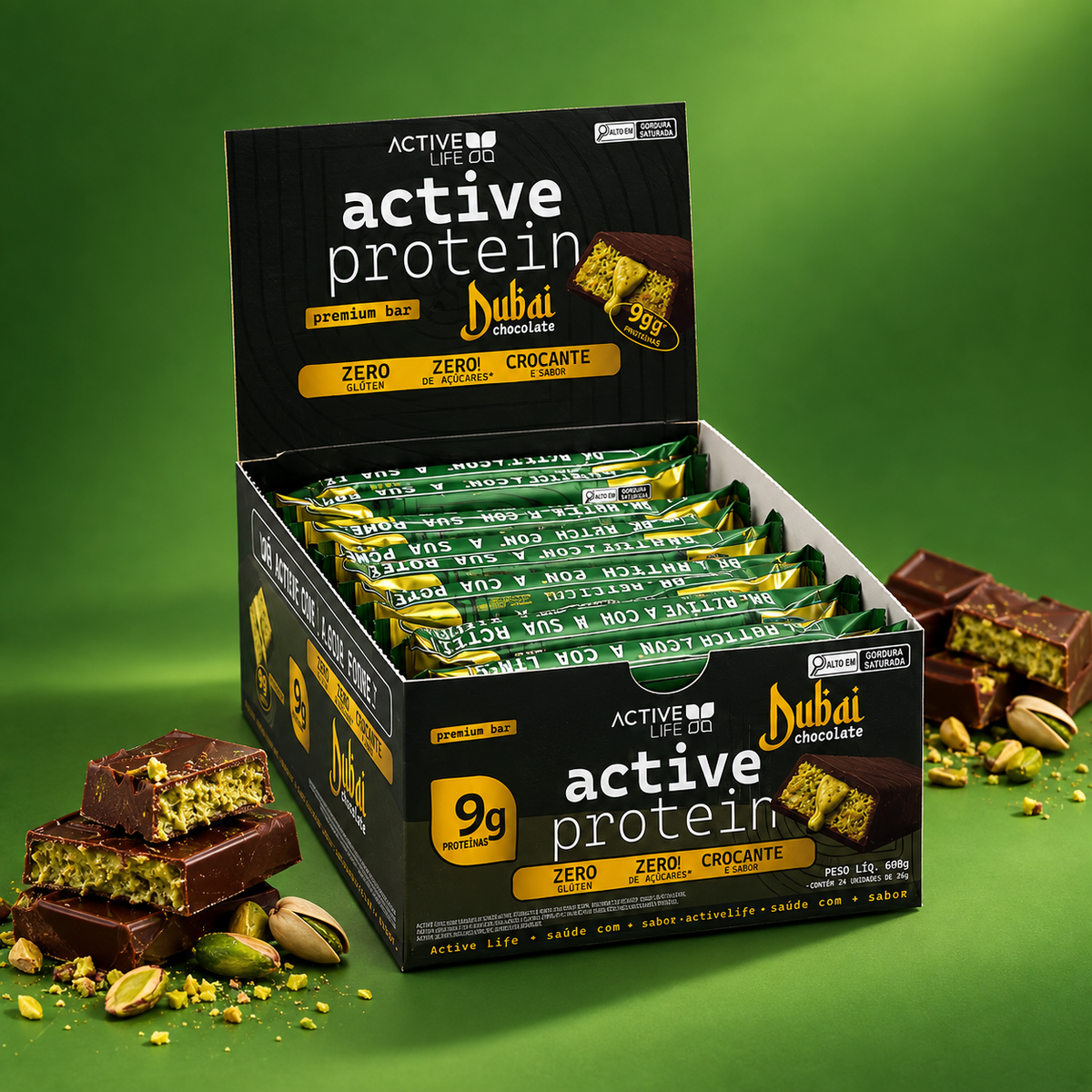 CAIXA 12 UNIDADES BARRA DE PROTEÍNA CHOCOLATE DUBAI - ACTIVE LIFE
