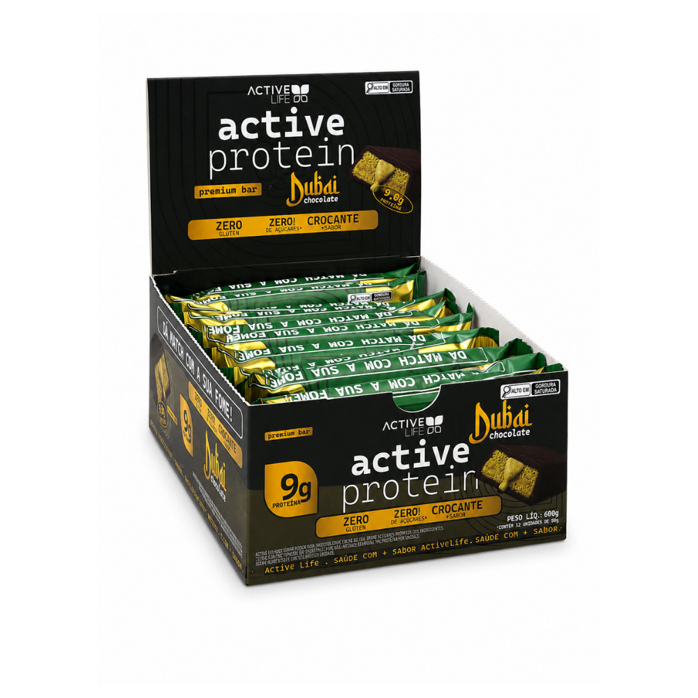 CAIXA 12 UNIDADES BARRA DE PROTEÍNA CHOCOLATE DUBAI - ACTIVE LIFE